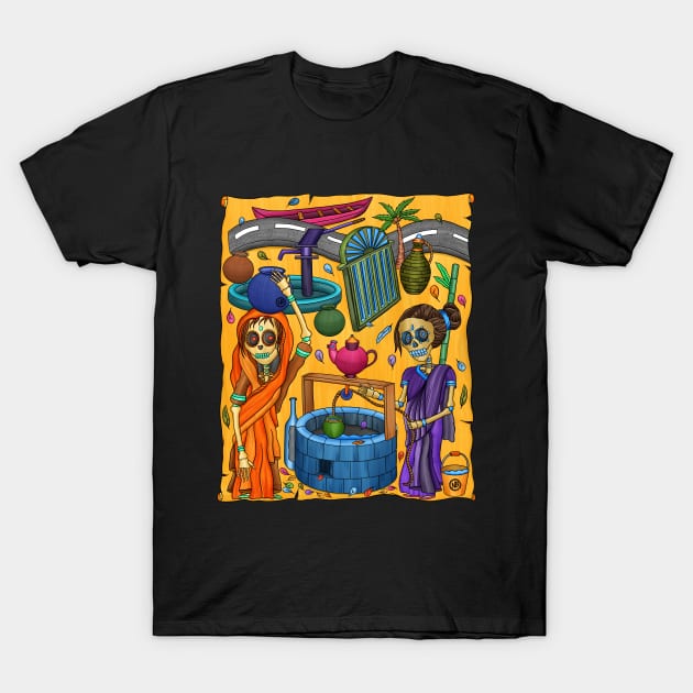 Cute Indian Lady Skeletons - Día De Los Muertos - Goa - Village Life T-Shirt by Scriptnbones